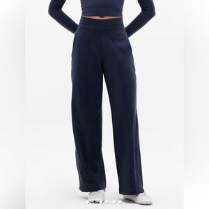 Athleta Vince High Rise Track Strioe Wide Leg Track Pants in Navy Blue
